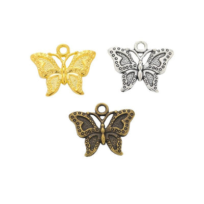 Overview of double sided butterfly charms in the available designs and finishes