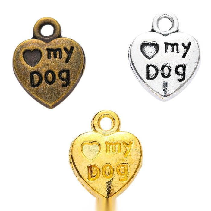 Vintage Finish Metal My Dog Heart Charms in 3 Style Options