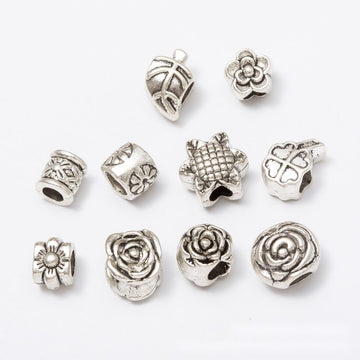 Floral And Leaf Large Hole Silver Tone Metal Beads
