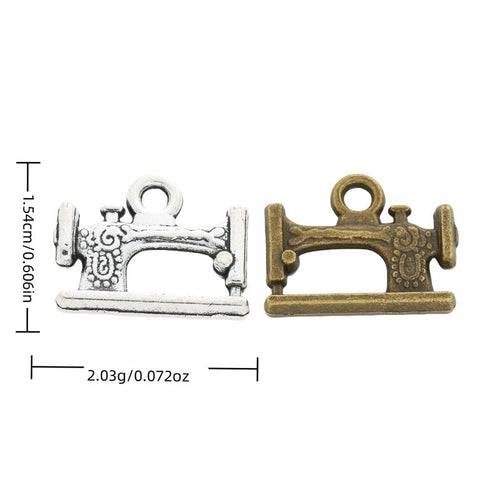 Front and reverse views of sewing machine charms with measurement and weight guides