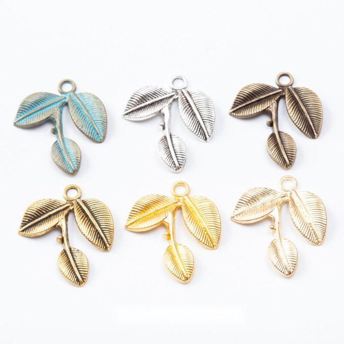 Three Leaf Sprig Metal Charm In 6 Finish Options for Jewelry Making