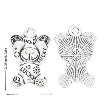 Lucky Teddy Bear Metal Charm with Bow in Antique Silver Tone