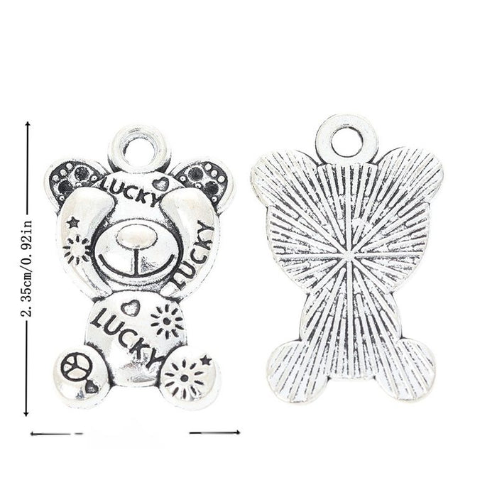 Lucky Teddy Bear Metal Charm with Bow in Antique Silver Tone