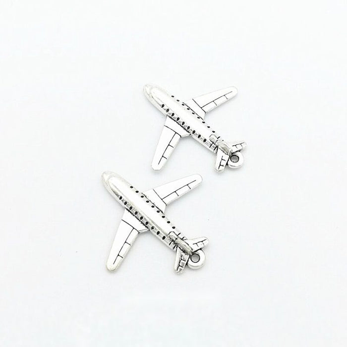 Antique Silver Passenger Airplane Charm With Detailed Wings