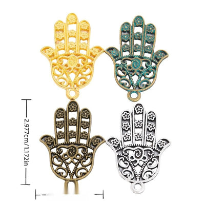 Floral Hamsa Hand metal piece shown in Verdigris, Antique Bronze, Gold, Antique Silver beside printed specifications