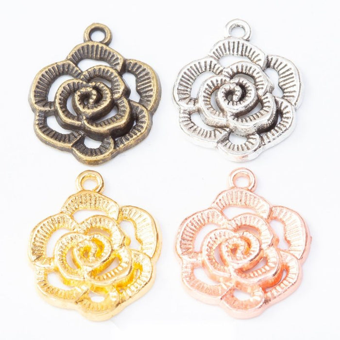 Openwork Rose Flower Charm in Five Metal Finishes for Jewelry