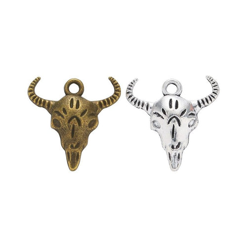 Grouped front view of the longhorn bull skull metal charm pendant in all pictured styles