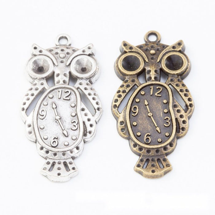 Antique Metal Owl Clock Charm Pendant With Textured Detail, 2 Finishes