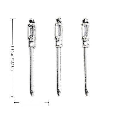 Front-facing arrangement of screwdriver tool charms on a white background