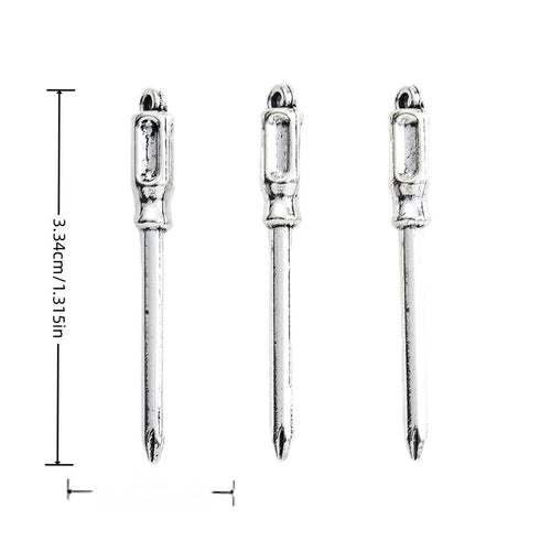 Front-facing arrangement of screwdriver tool charms on a white background
