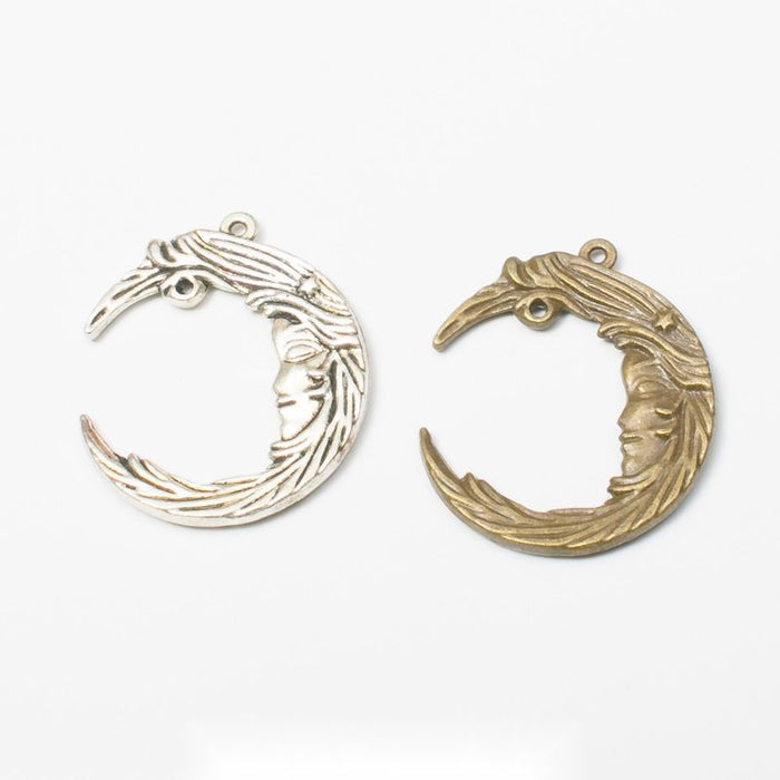 Crescent Moon Face Metal Connector Charms in Two Finishes