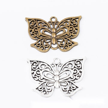 Antique Metal Filigree Butterfly Charm Pendant With Textured Detail, 2 Finishes