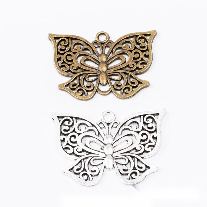Antique Metal Filigree Butterfly Charm Pendant With Textured Detail, 2 Finishes