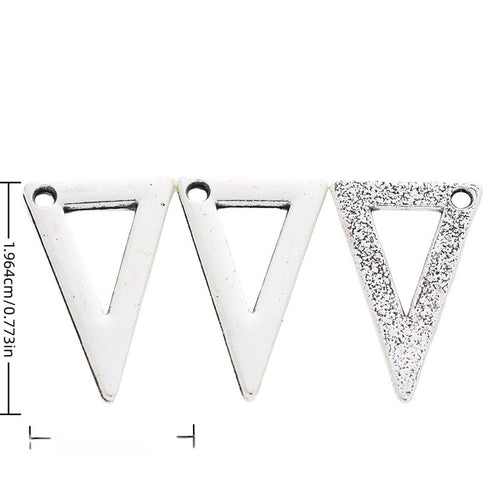 Open Triangular Ruler metal piece shown in Antique Silver beside printed specifications