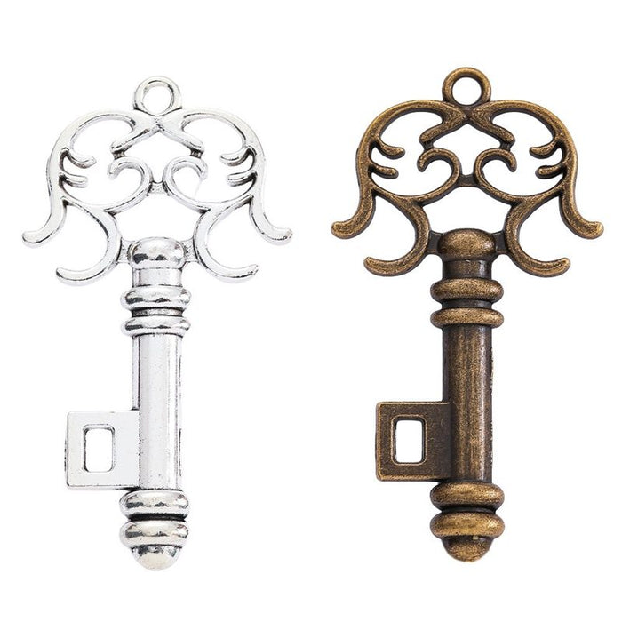 Scroll Bow Skeleton Key Metal Charm for Jewelry Making, 2 Finishes