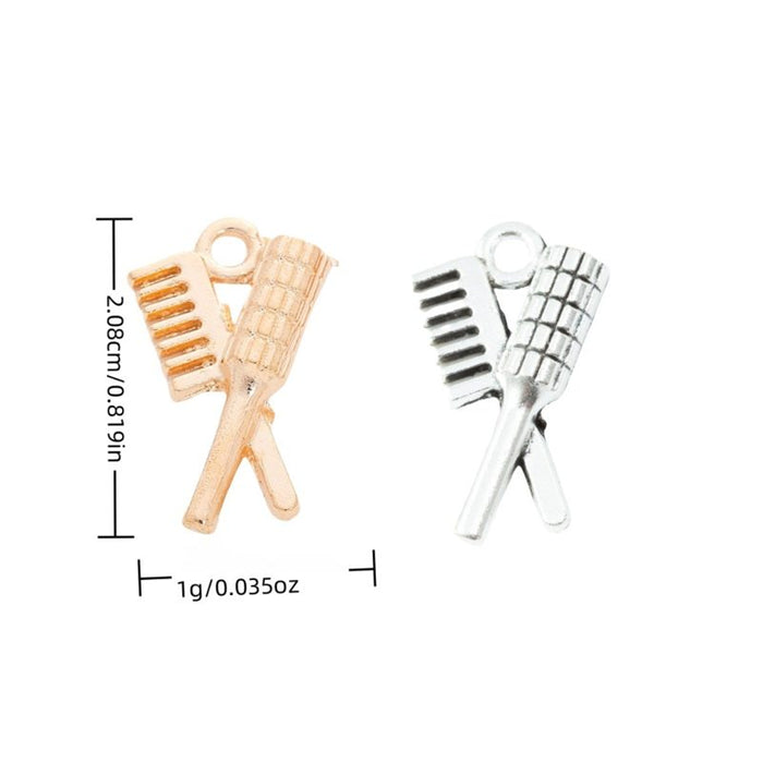 Crossed Comb And Brush Charm In Antique Silver and Light Gold Metal Finish