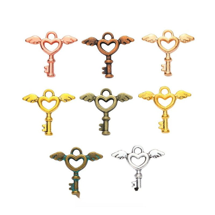 Winged Heart Key Metal Charms in Eight Finishes for Jewelry Making