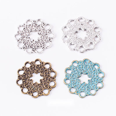Openwork Round Flower Charm Pendant finish comparison showing a layered floral rosette with scalloped open loops
