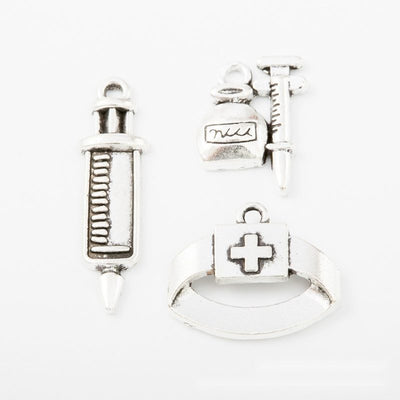 Silver-tone bottle and syringe, nurse cap, and single syringe charms.