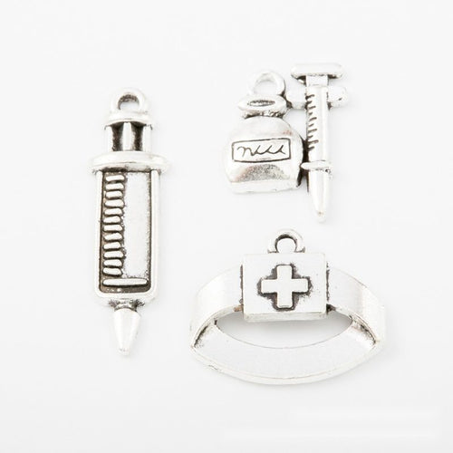 Silver-tone bottle and syringe, nurse cap, and single syringe charms.