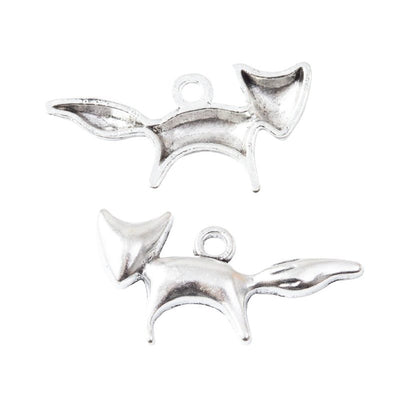 Slender leaping fox silhouette with a curled tail shown in the available finishes