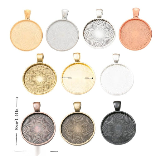 Group view of round bezel tray setting showing all 10 pictured finish variants