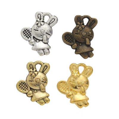 Product photo 1 of the tennis rabbit charm highlighting its cartoon rabbit holding a textured tennis racket