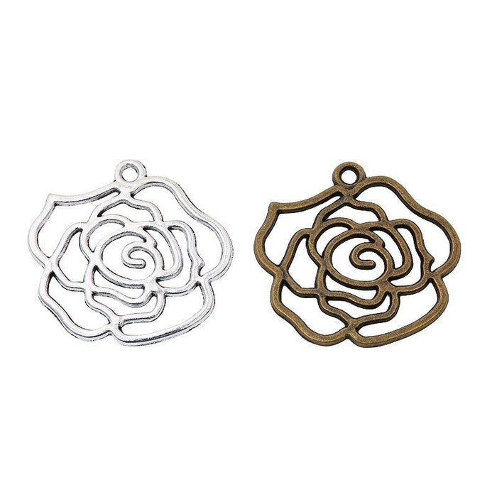 Open Rose Outline Jewelry Charm in Three Metal Finishes