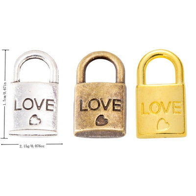 Grouped front view of LOVE padlock charm showing a raised word, tiny heart, and rounded shackle