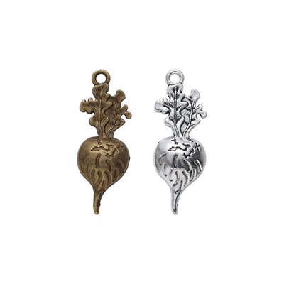 Product view of beet root charm showing a beet root silhouette with leafy top, engraved veins, tapered root, and top loo
