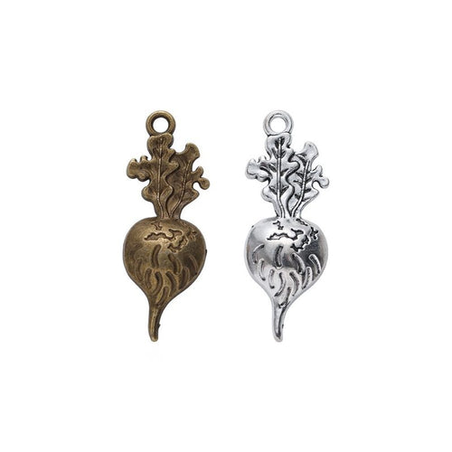 Product view of beet root charm showing a beet root silhouette with leafy top, engraved veins, tapered root, and top loo