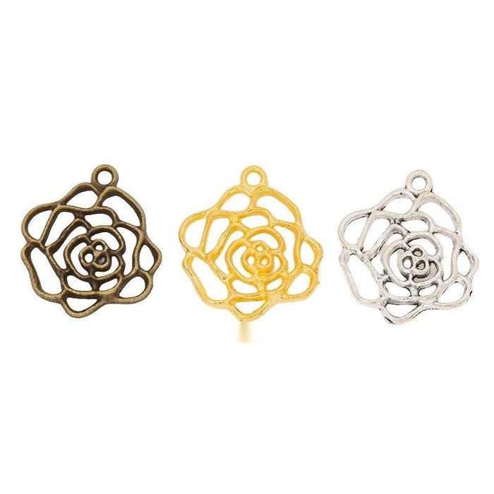 Openwork Rose Blossom Metal Charm Pendant Jewelry Making Component