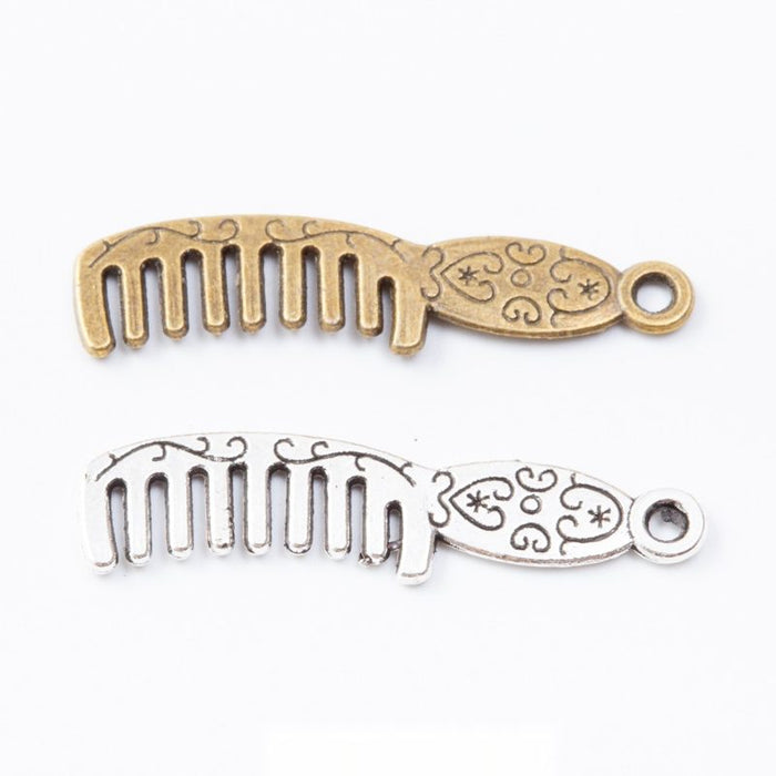 Floral Handle Comb Charm In 2 Metal Finishes For Jewelry Making