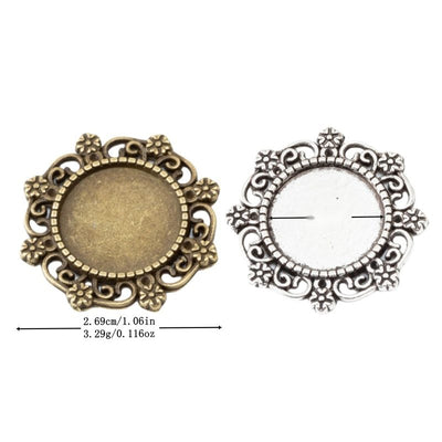 Front comparison of floral round cabochon setting metal component in 2 finishes