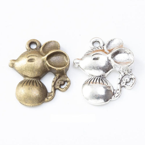 Antique Bronze, Antique Silver mouse cheese charm shown in an overview