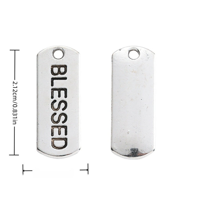 BLESSED Engraved Rectangular Tag Pendant Charm in Antique Silver
