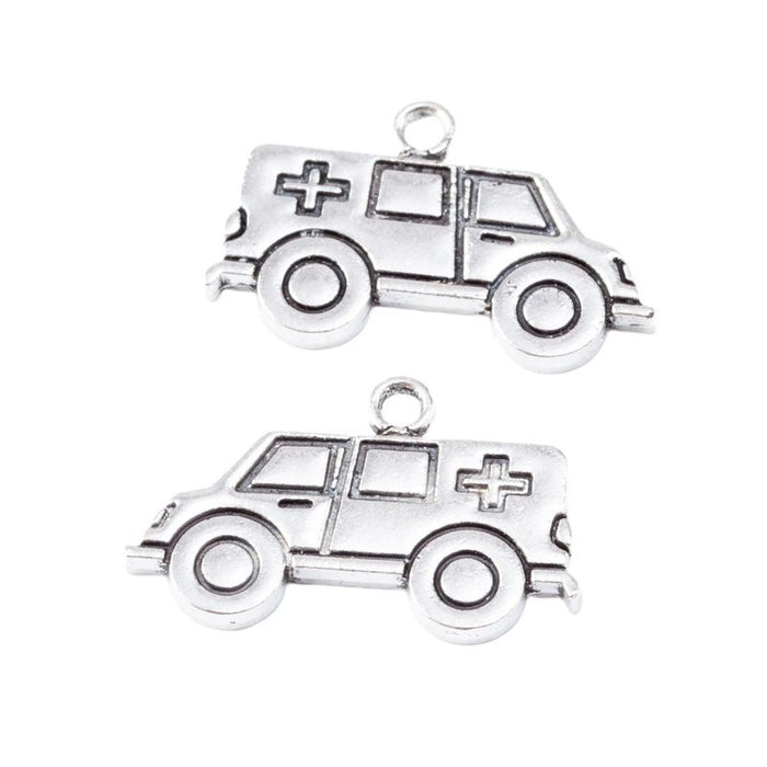 Antique Silver Ambulance Charm with Cross and Wheel Details