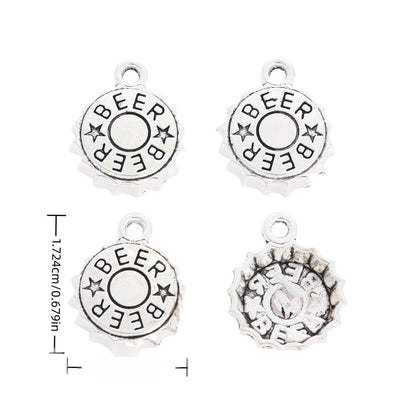 Front and reverse views of bottle cap charms with measurement and weight guides