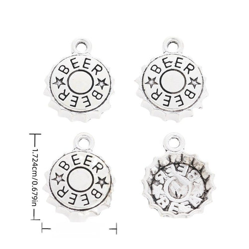 Front and reverse views of bottle cap charms with measurement and weight guides