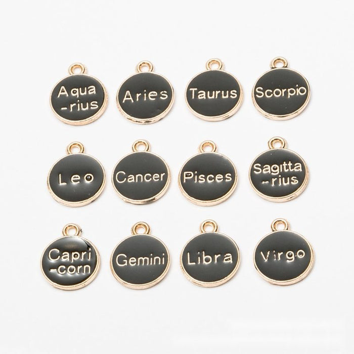 Round Black Enamel Zodiac Sign Charm Assortment in Gold Tone