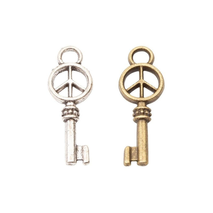 Peace Sign Skeleton Key Charm In Antique Bronze and Antique Silver Metal Finish