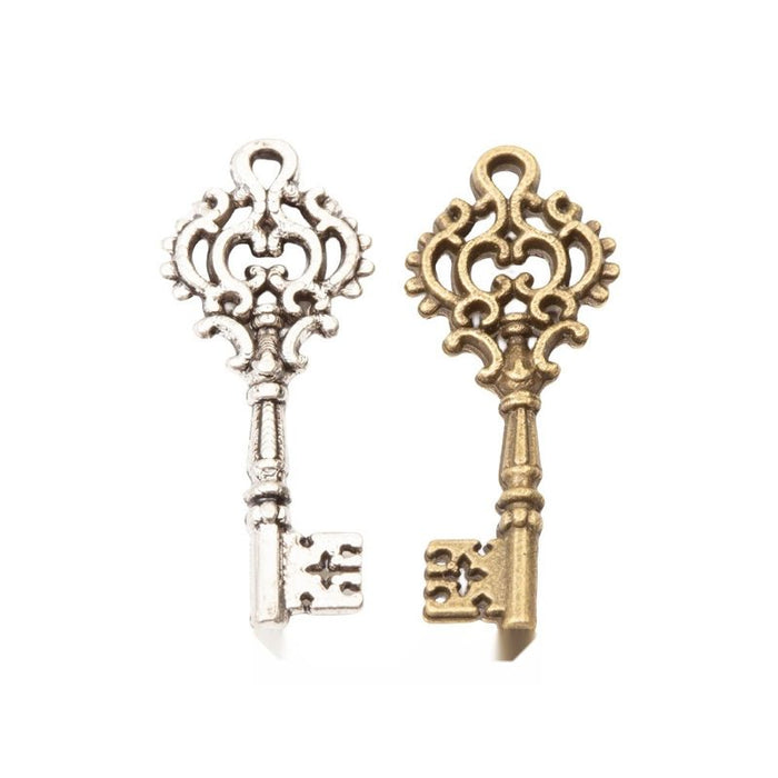 Filigree Key Charm Ornate Metal Pendant in Two Finishes