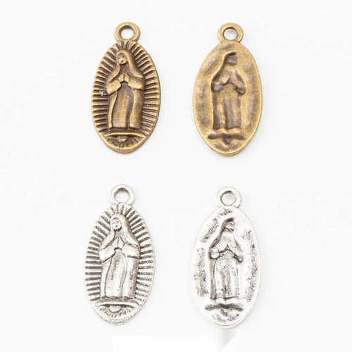 Oval Praying Figure Medal Charm shown in all pictured finishes on a white background