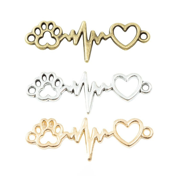 Paw Heartbeat Heart Connector In Assorted Metal Finishes For Jewelry Crafts