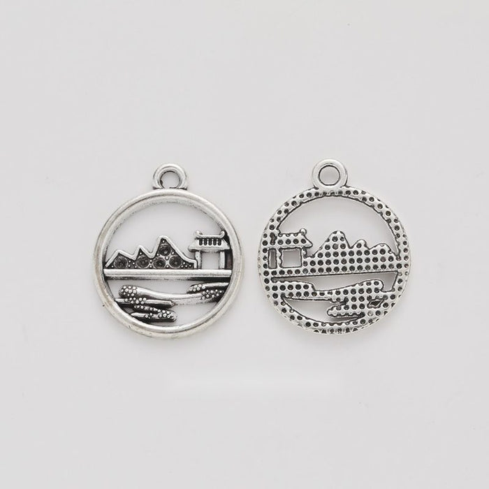 Round Landscape House Charm in Antique Silver for Jewelry Making