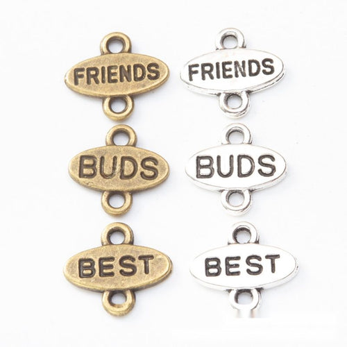 Friendship word connector metal component, grouped front view on white