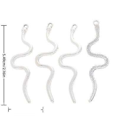 Front and reverse views of wavy snake charms with measurement and weight guides