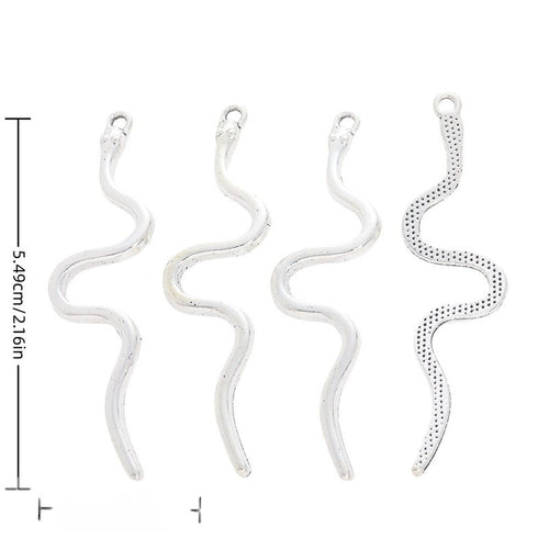 Front and reverse views of wavy snake charms with measurement and weight guides