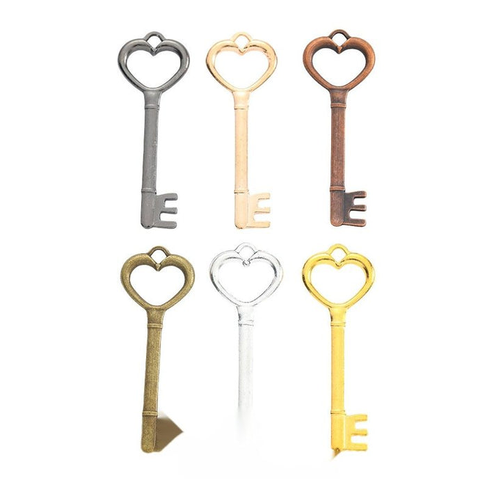 Heart Top Skeleton Key Charm in Multiple Metal Finishes for Jewelry Making