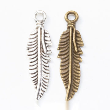 Antique Metal Feather Charm Pendant With Textured Detail, 2 Finishes